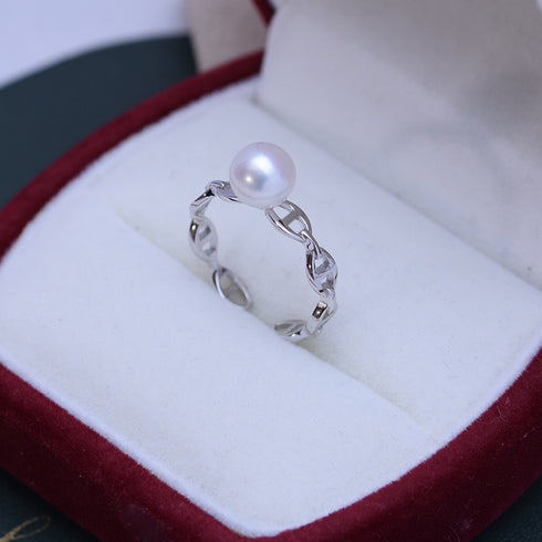 Minimal Chain Freshwater Pearl Open Ring – Sterling Silver