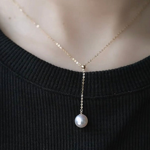 White Akoya Pearl Y-Shaped Pendant Gold Necklace - 18K Solid Gold