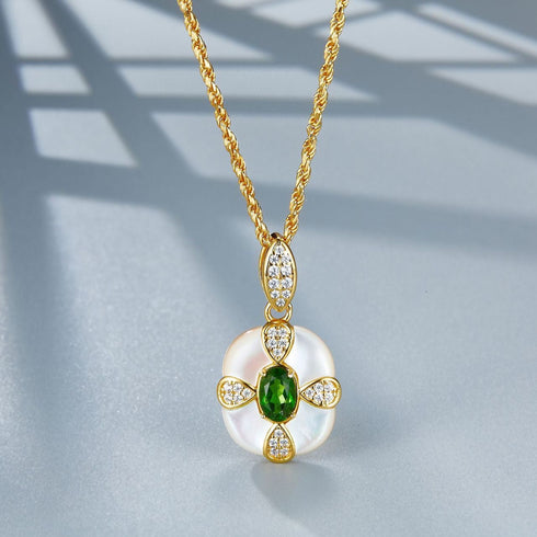 Green Gemstone White Shell Pendant Drop Necklace