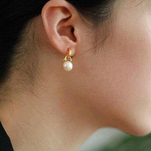 Gold Chain Freshwater Pearl Stud Earrings