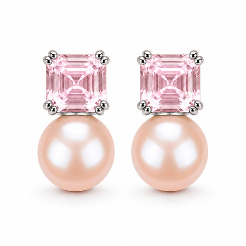 Pink Cube Pearl Stud Earrings