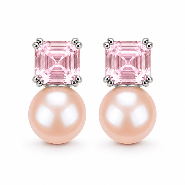 Pink Cube Pearl Stud Earrings