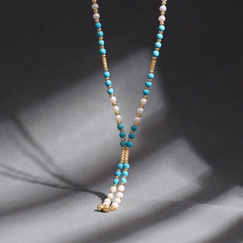 Turquoise and Pearl Beaded Long Necklace