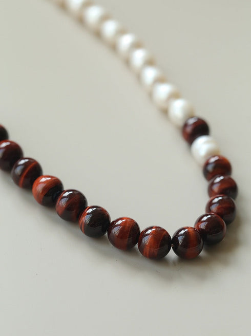 Baroque Pearl & Tiger Eye Stone Beaded Necklace - May-Lynn Studio Jewelry