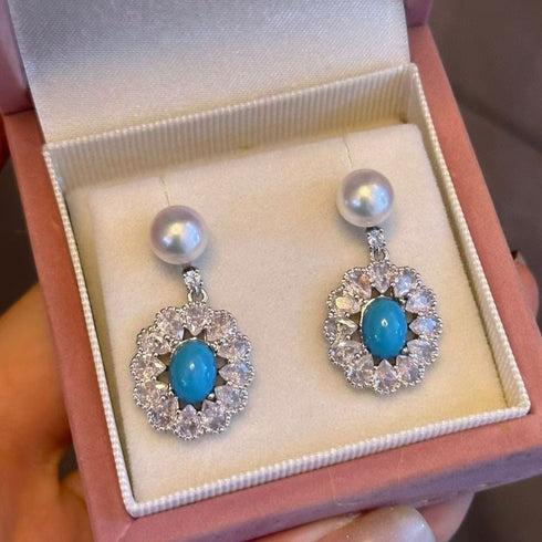 Elegant Oval Zirconia Blue Turquoise Pearl Earrings