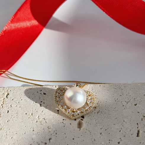 Radiant Zirconia Heart Pearl Pendant Necklace – Gold Vermeil