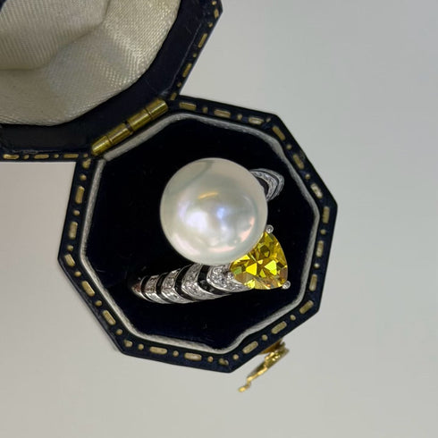 Luxury Vintage Yellow Zirconia Pearl Open Ring – Sterling Silver