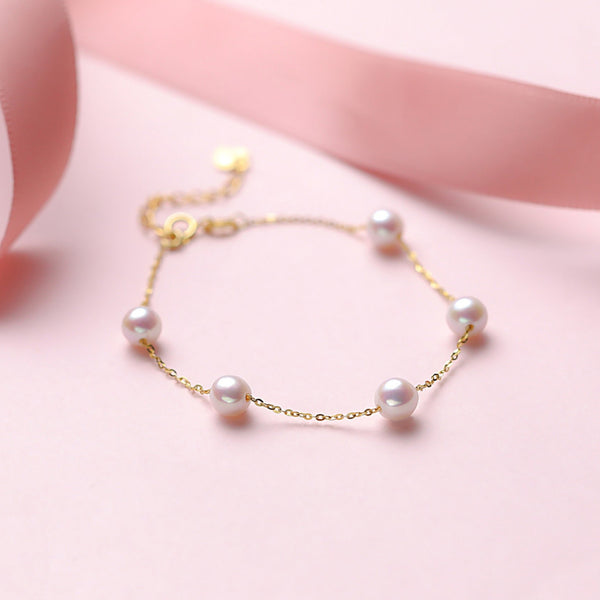 White 7-8mm Chinese Akoya Tincup Bracelet 18K Gold - House Of Pearls