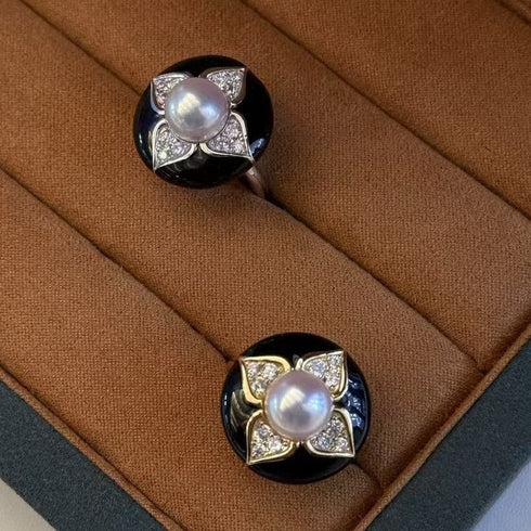 Vintage Black Floral Pearl Stud Earrings / Ring / Necklace – Sterling Silver / Gold Vermeil