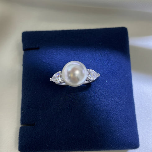 Marquise Diamond Pearl Open Ring – Sterling Silver