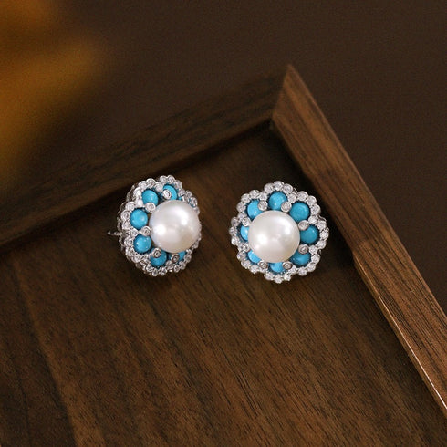 Flower Turquoise Pearl Stud Earrings