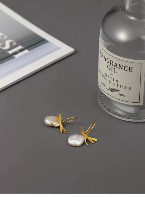 Dragonfly Baroque Pearl Earrings - Gold Vermeil