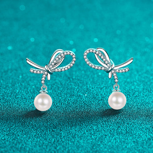 Elegant Moissanite Bow Pearl Stud Earrings