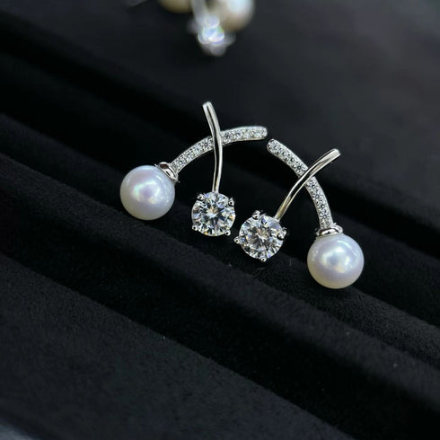Modern Zirconia X Cross Line Pearl Stud Earrings - Sterling Silver