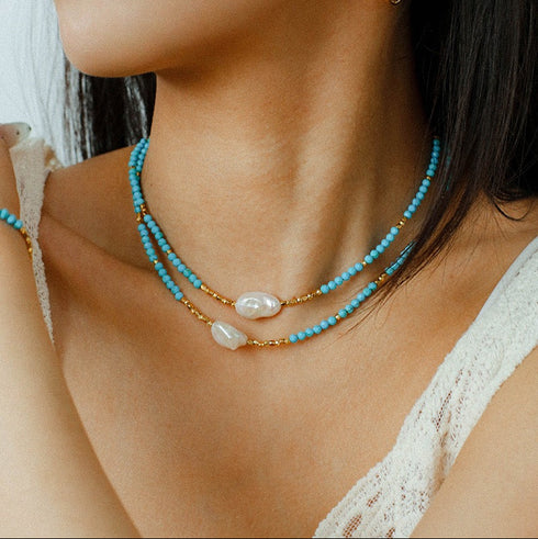 Turquoise and Baroque Pearl Layered Long Necklace - Coastal Elegance