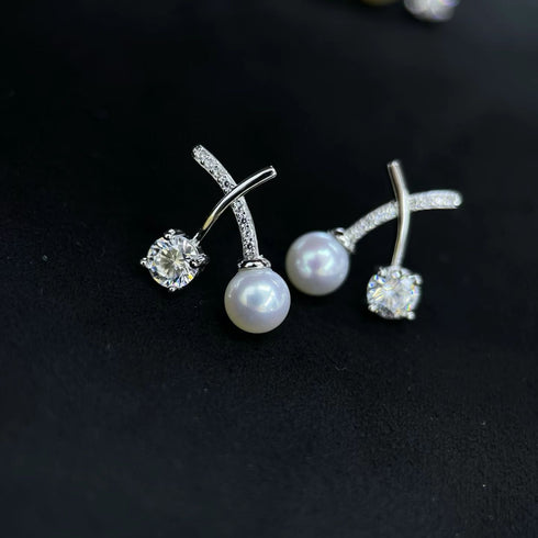 Modern Zirconia X Cross Line Pearl Stud Earrings - Sterling Silver