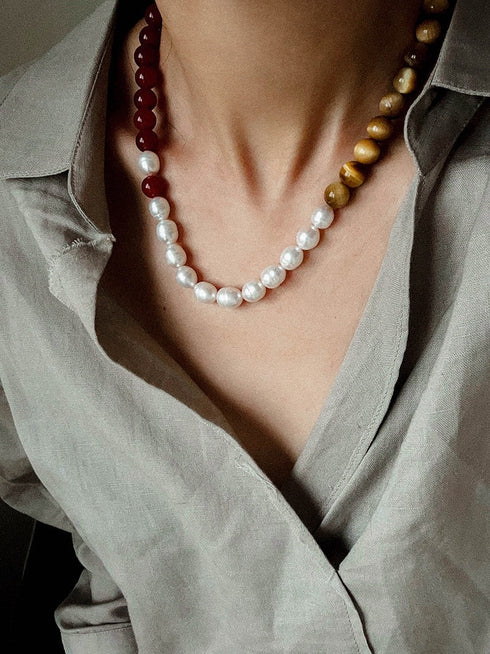 Baroque Pearl & Tiger Eye Stone Beaded Necklace - May-Lynn Studio Jewelry