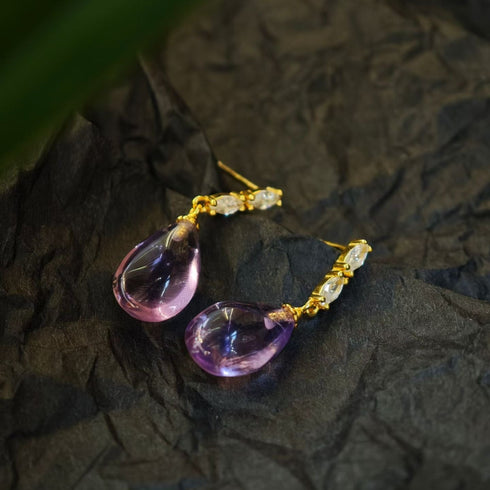 Purple Crystal Teardrop Earrings - Gold Vermeil