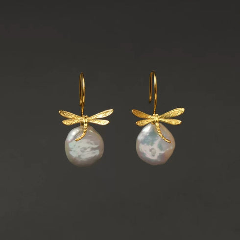 Dragonfly Baroque Pearl Earrings - Gold Vermeil