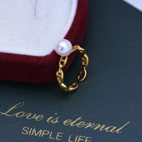 Minimal Chain Freshwater Pearl Open Ring – Sterling Silver