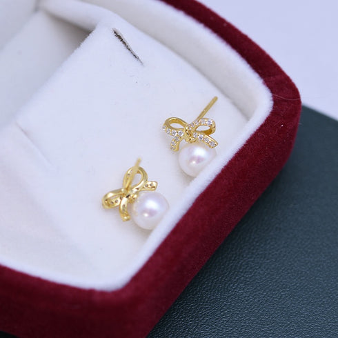 Gold Bow Pearl Stud Earrings – Gold Vermeil