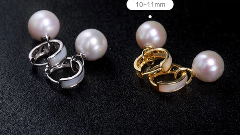 Mother of Pearl Shell Hoop Pearl Drop Earrings - Sterling Silver