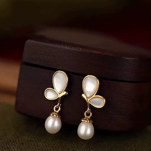 Flying Butterfly Drop Pearl Earrings - 18K Gold Vermeil