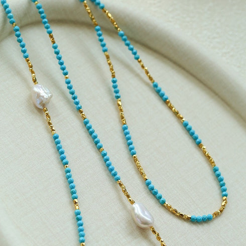 Turquoise and Baroque Pearl Layered Long Necklace - Coastal Elegance