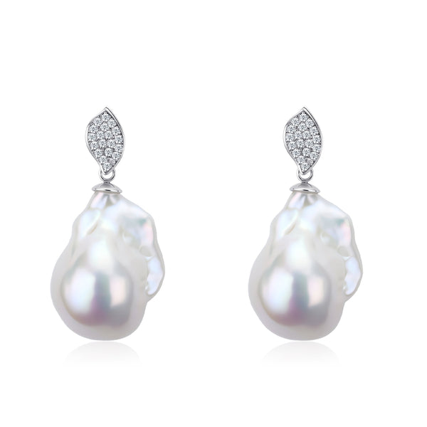 Leaf Zirconia Bold Baroque Pearl Earrings – Sterling Silver