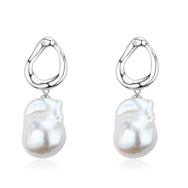 Modern Silver Triangle Baroque Pearl Earrings
