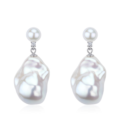 Dual CZ Bold Baroque Pearl Earrings