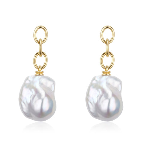 Modern Chain Bold Baroque Pearl Earrings - Sterling Silver / Gold Vermeil