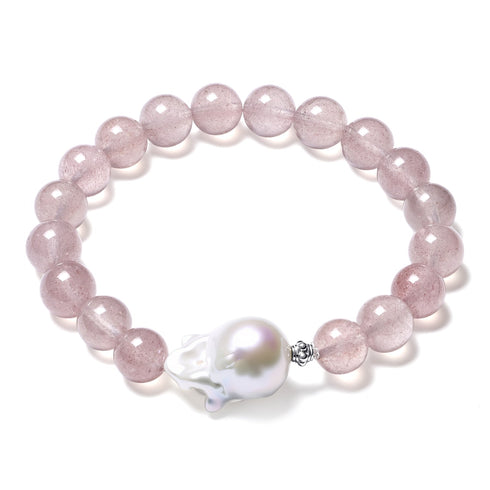 Pink Quartz Beads with Baroque Pearl Braclet