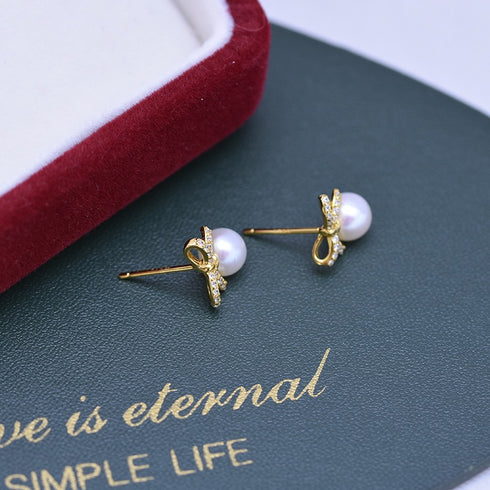 Gold Bow Pearl Stud Earrings – Gold Vermeil