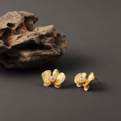 Butterfly Orchid Pearl Stud Earrings - Sterling Silver / Gold Vermeil