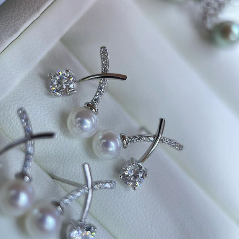 Modern Zirconia X Cross Line Pearl Stud Earrings - Sterling Silver