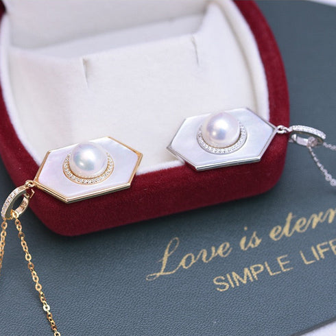 Rhombus Mother of Pearl Necklace with Pearl & Zirconia