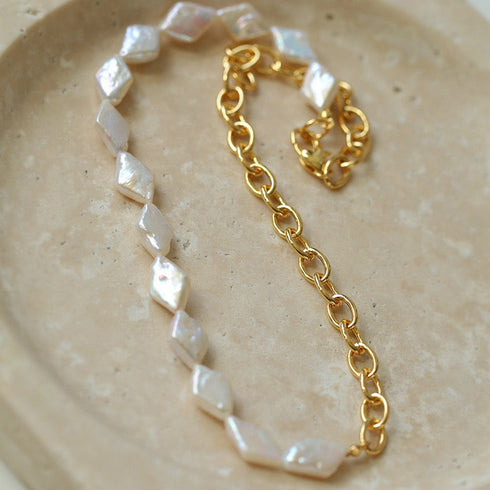 Rhombic Freshwater Baroque Pearl Gold Chain Necklace – Gold Plated