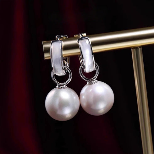 Mother of Pearl Shell Hoop Pearl Drop Earrings - Sterling Silver