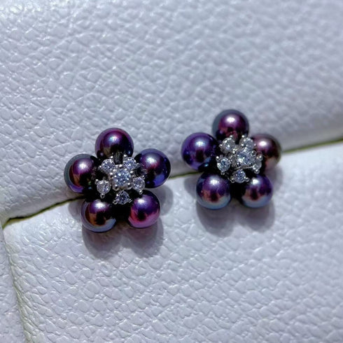Purple Freshwater Pearl Flower Stud Earrings - Sterling Silver