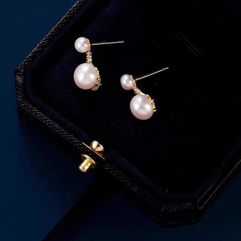 Elegant Dual Pearl Zirconia Stud Earrings - Gold Vermeil