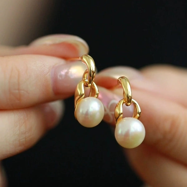 Gold Chain Freshwater Pearl Stud Earrings