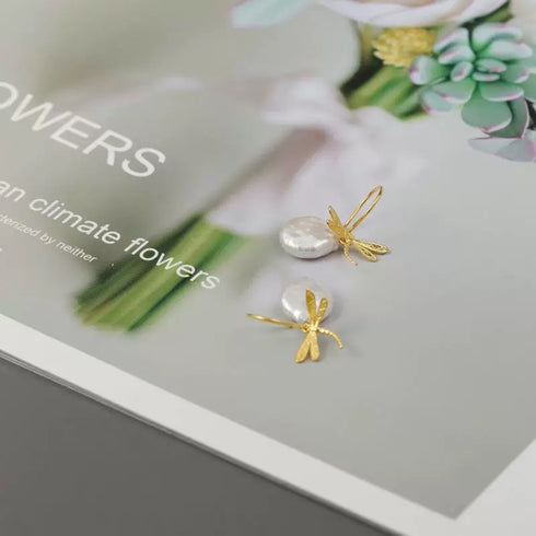 Dragonfly Baroque Pearl Earrings - Gold Vermeil