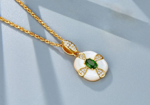 Green Gemstone White Shell Pendant Drop Necklace