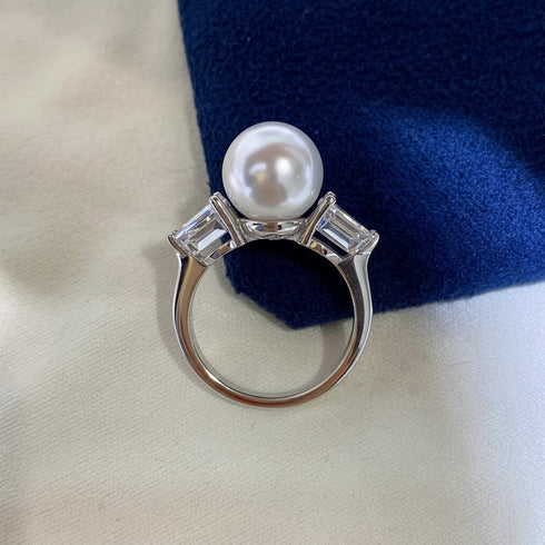 Marquise Diamond Pearl Open Ring – Sterling Silver
