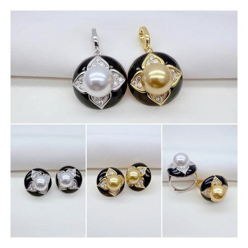 Vintage Black Floral Pearl Stud Earrings / Ring / Necklace – Sterling Silver / Gold Vermeil