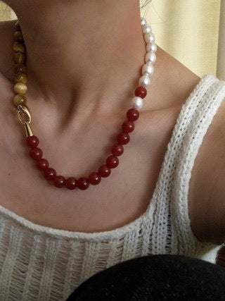 Baroque Pearl & Tiger Eye Stone Beaded Necklace - May-Lynn Studio Jewelry