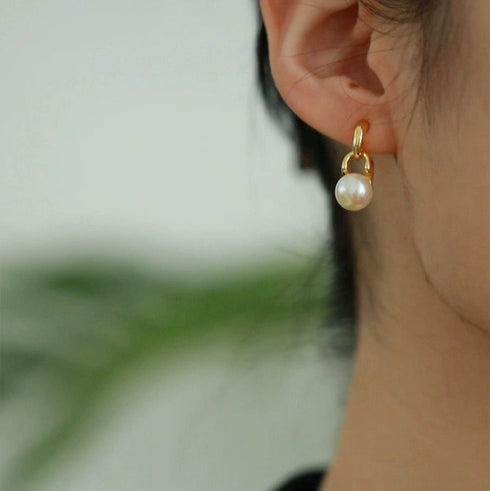 Gold Chain Freshwater Pearl Stud Earrings