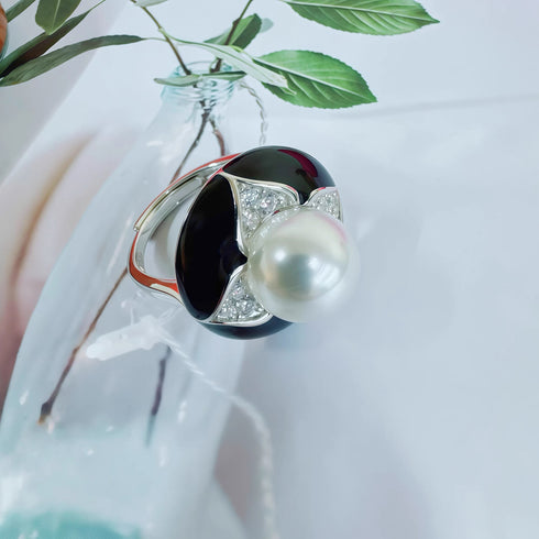 Vintage Black Floral Pearl Stud Earrings / Ring / Necklace – Sterling Silver / Gold Vermeil