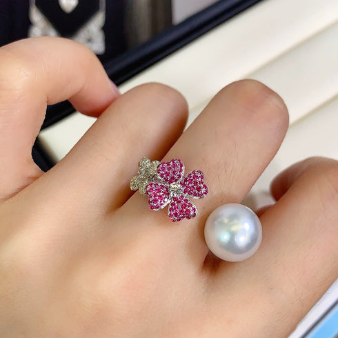 Pink Flower Motifs Pearl Open Ring - Sterling Silver